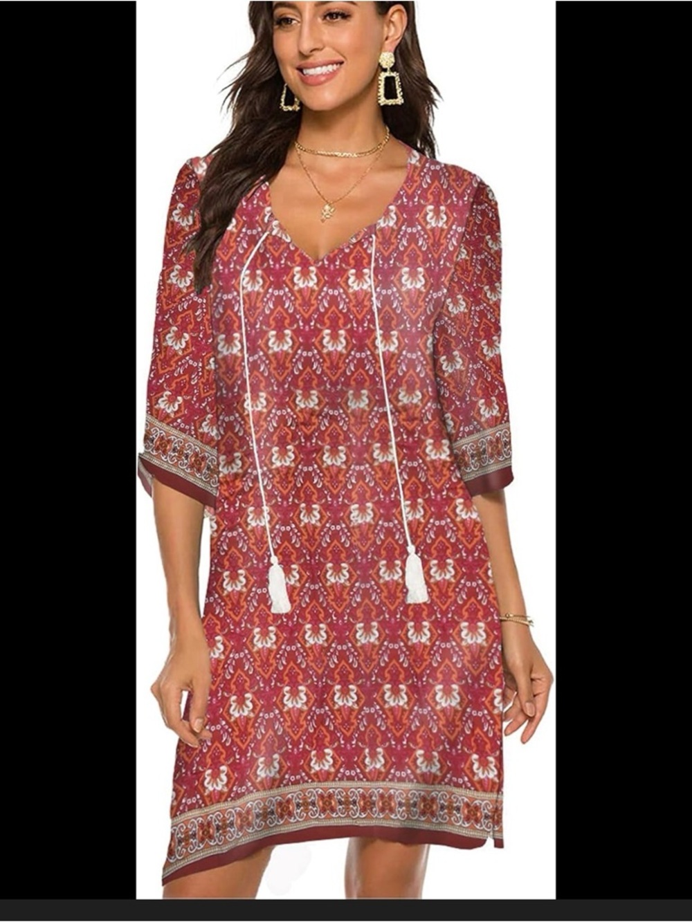 NWT- Halife Red Printed Boho Dress with Tassel Tie